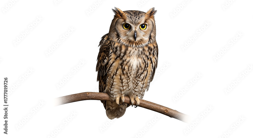 Naklejka premium A Long Eared Owl Perched on a Branch isolated on transparent background, png