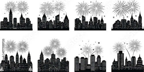 City skyline silhouette with fireworks, festive night celebration, New Year’s Eve, urban architecture, black and white illus