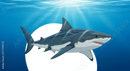 A gray and white shark swimming in blue water with sun rays shining from above