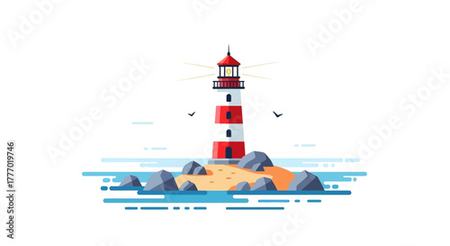 A red and white striped lighthouse on a rocky islet emitting light beams