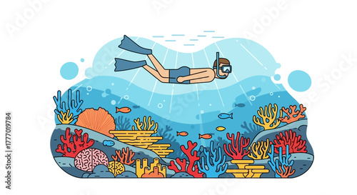 A snorkeler swims over a vibrant coral reef full of sea life in clear blue waters