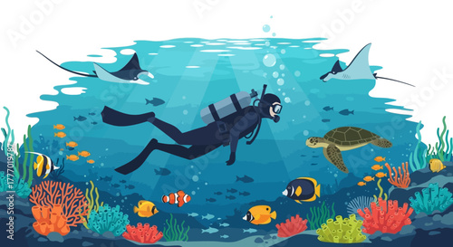 A scuba diver swims among marine life including manta rays a turtle colorful fish and coral in an underwater setting