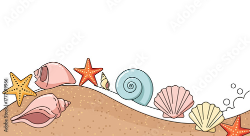 Beach sand hosts starfish seashells and bubbles against a white backdrop