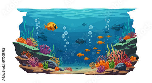 An underwater reef scene shows fish coral  bubbles in blue water over a sandy seabed