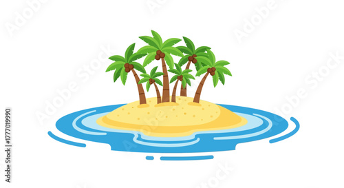 Cartoon island with sand palm trees and blue water