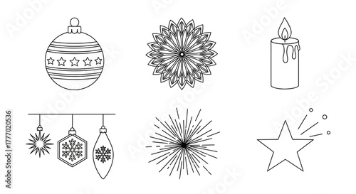 Festive Holiday Icons Christmas Ornament, Snowflake, Candle, Fireworks, and Star Designs