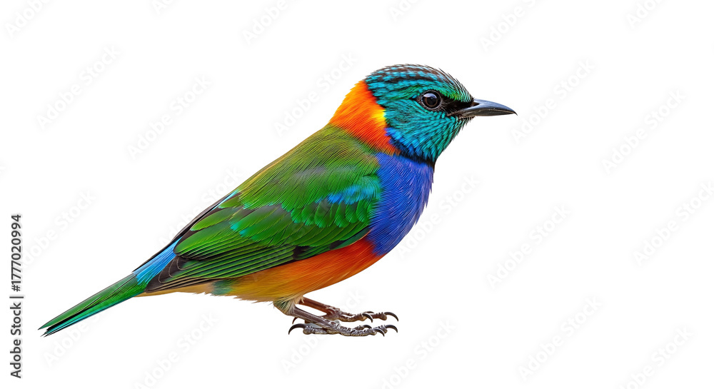 Fototapeta premium A vibrant Painted Bunting bird with striking blue green and orange plumage isolated on transparent background, PNG