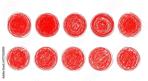 Red Scribble Circle Set Hand-drawn Texture, Artistic Elements, Sketchy Design, and Abstract Illustration