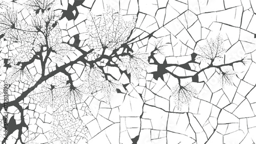 Black tree branches with delicate leaves against a white cracked surface background abstract