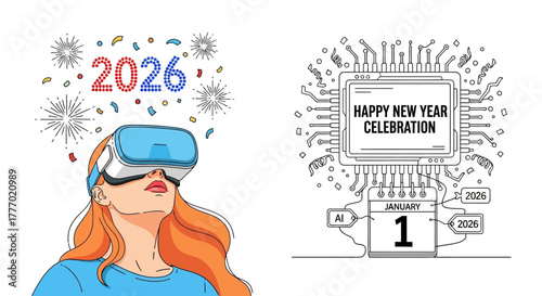 A conceptual illustration of a futuristic New Year 2026 celebration featuring a woman in virtual reality and an AI calendar on a circuit board