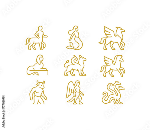 Captivating Golden Outline Icons of Legendary Mythical Creatures Gods and Monsters