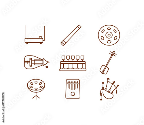 Diverse musical instruments icon collection showcasing global sounds and melodies