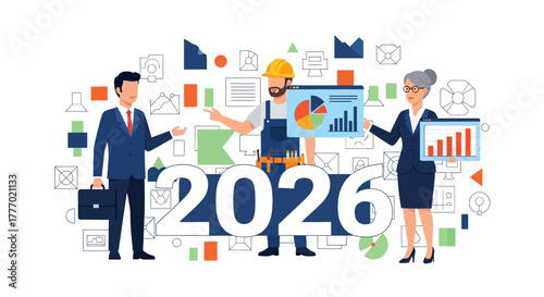 Business professionals visualize growth and strategy for the year 2026 with charts and graphs