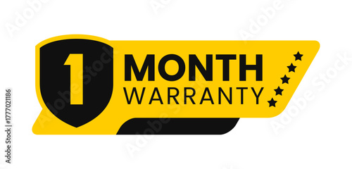 Modern 1 month warranty badge vector design in yellow and black with shield. Guarantee label icon logo for product packaging, advertisement, and marketing use