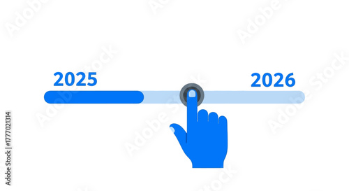 Digital timeline interaction featuring a hand moving a progress slider from 2025 towards 2026, illustrating future planning, goal setting, and strategic advancement