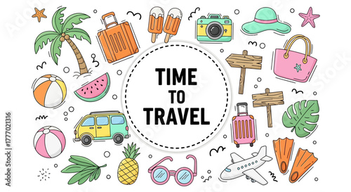 Vibrant doodle collection of summer vacation essentials, symbolizing exciting global adventures and memorable holiday journeys filled with discovery