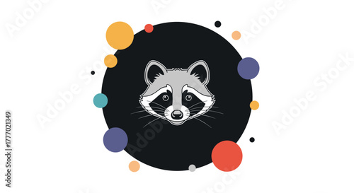 A cartoon raccoon head, with its characteristic mask and ears, centered within a black circle, surrounded by a playful arrangement of colorful dots.