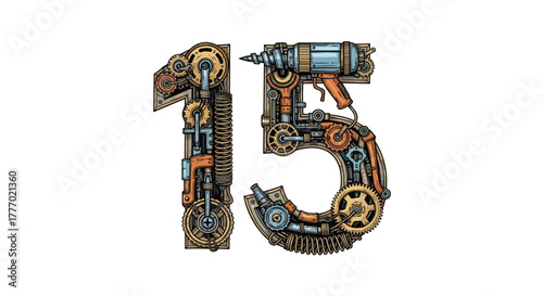 Mechanical steampunk number fifteen, crafted from vintage gears, cogs, pipes, and tools like a drill, isolated on white background.