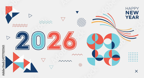 Stylish 2026 New Year Design with Geometric Shapes and Festive Colors