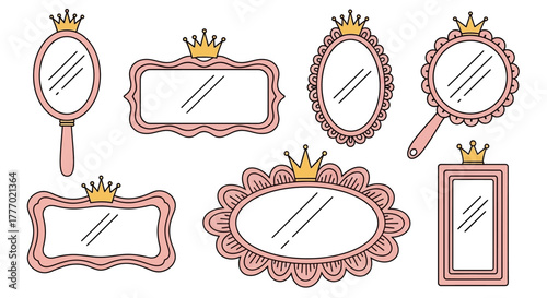 Collection of cute cartoon princess mirrors with crowns, perfect for adding a touch of royalty to designs