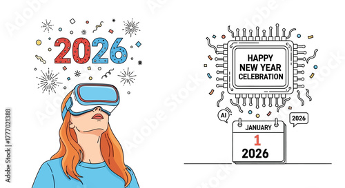 Happy New Year 2026 Celebration with Futuristic VR Experience and Technological Advances