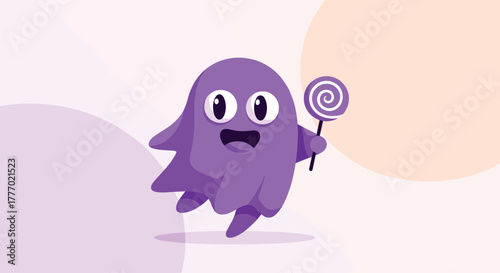 A cheerful purple ghost-like creature happily holds a vibrant spiral lollipop against a soft, pastel background.
