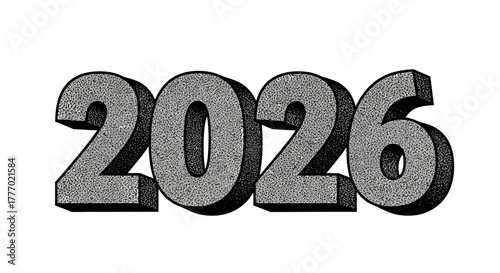 The year 2026 in bold 3D numbers with a textured gray stone effect. An isolated vector graphic for New Year celebrations, future dates, and calendar events