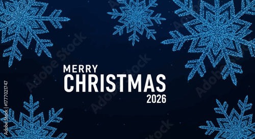 Festive winter holiday background with sparkling blue snowflakes for seasonal greetings and 2026 New Year celebrations
