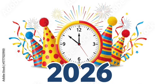 Vibrant 2026 New Year celebration countdown artwork featuring a clock, colorful party hats, festive confetti, and sparkling fireworks. Symbolizes fresh starts and joyful future hopes