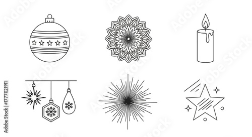 Christmas and New Year's Festive Icons Ornaments, Mandalas, Candles, and Stars