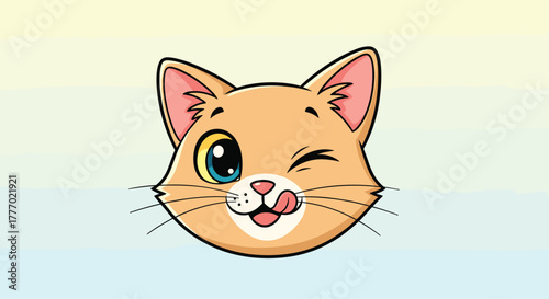 A cheerful cartoon cat head winking playfully with one eye and showing its tongue, on a light gradient background.