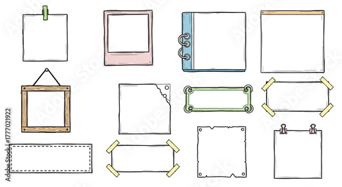 Set of hand-drawn doodle frames, decorative borders, and sticky note elements in a sketch style, ideal for creative digital design projects