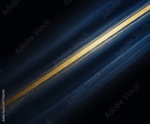 Shimmering metallic streak with golden core — gold, blue, black tones, ultra‑clean abstract background with generous copy space, smooth modern gradient and elegant minimal style for web, print and b