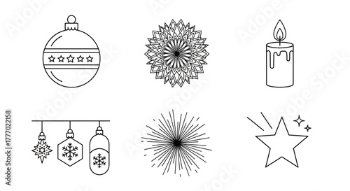 Festive Holiday Icons Christmas ornaments, snowflake decorations, and celebratory symbols for design