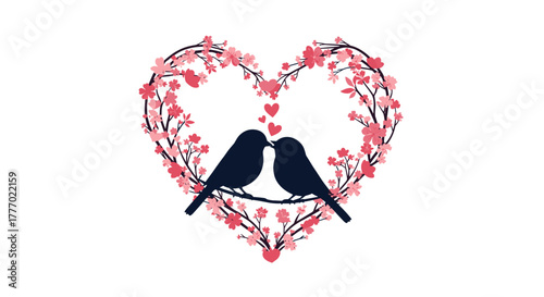 Two lovebirds kissing, framed by a heart-shaped floral wreath with pink blossoms and tiny hearts, symbolizing romance and affection.