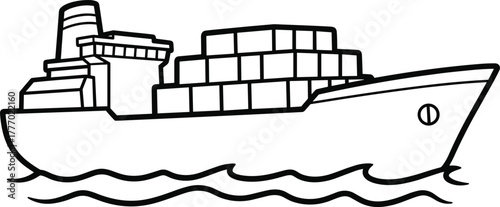 CAD Drawing Flat Vector Illustration of Container Cargo Ship Sailing with Stacked Shipping Containers and Rear Superstructure for Global Trade