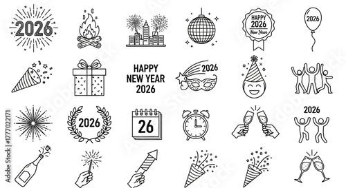 Collection of festive 2026 New Year's Eve celebration icons and graphics including fireworks, confetti, champagne, disco ball, and calendar elements for a joyous start to the year