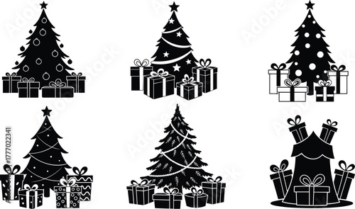 Christmas tree silhouette, festive tent, holiday gift boxes, black vector illustration, seasonal decoration, winter celebration, graphic design, Xmas art