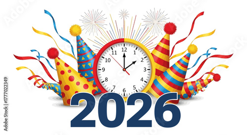 Celebrate the arrival of 2026 with festive fireworks, party hats, and confetti, marking the beginning of a new year full of possibilities