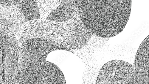 Abstract monochrome pattern of curved lines and circular shapes with textured fill background black