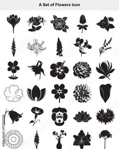 Collection of Elegant Flower Icons for Design, Decorative Floral Elements