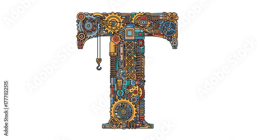 Intricate mechanical letter T crafted from gears, pipes, and industrial components, showcasing a complex steampunk design.