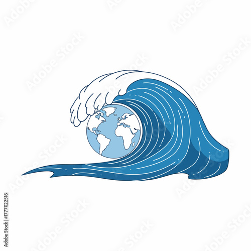 Stylized illustration of a powerful blue ocean wave with white foam cresting over a light blue globe representing Earth.