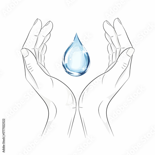 Sketch of two cupped hands protecting a shimmering blue water droplet, symbolizing conservation.