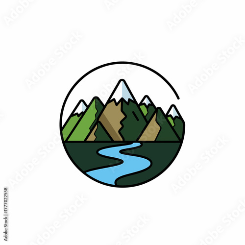 Stylized illustration of a mountain landscape with a winding river and green hills under a clear sky, enclosed in a circular frame.