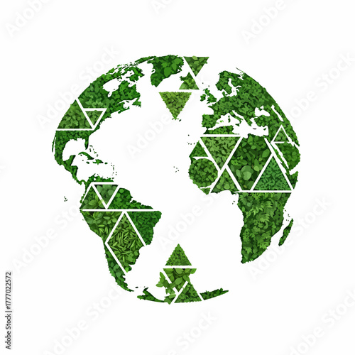 Abstract green globe with geometric triangular patterns representing environmental sustainability and global ecosystems.