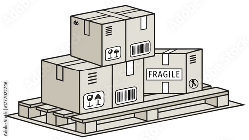 Illustration of stacked cardboard boxes with fragile labels on a wooden pallet for shipping and delivery