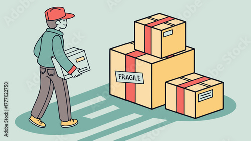 Delivery man carrying a box with stacked boxes labeled fragile on a crosswalk illustration
