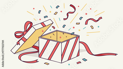 Open gift box with red bow and confetti floating around in the air on a light background design element