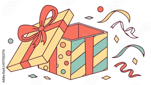 Open gift box with red bow and ribbons floating around for a festive celebration theme design element